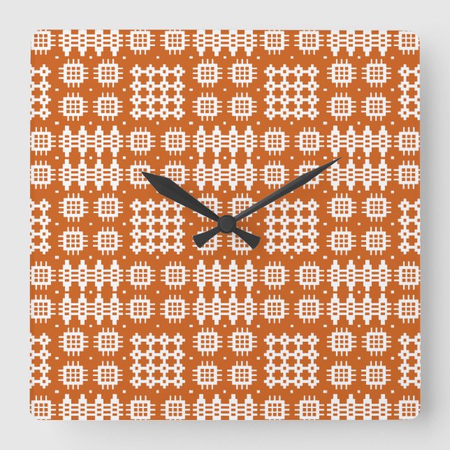 Square Wall Clock Welsh Tapestry Mönster Brick Red Fyrkantig Klocka (Framsida)