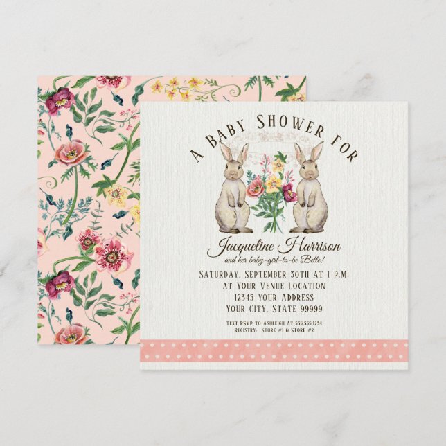 Square Woodland Fairy Tale Rabbit Girl Baby Shower Inbjudningar (Fram/baksida)