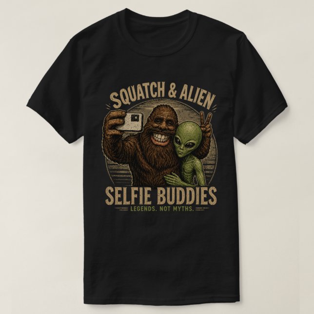 Squatch och Alien Selfie-kompisar T Shirt (Design framsida)