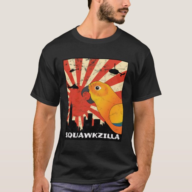 Squawk Zilla Sol Conure Parrot Squawking Kawaii T Shirt (Framsida)