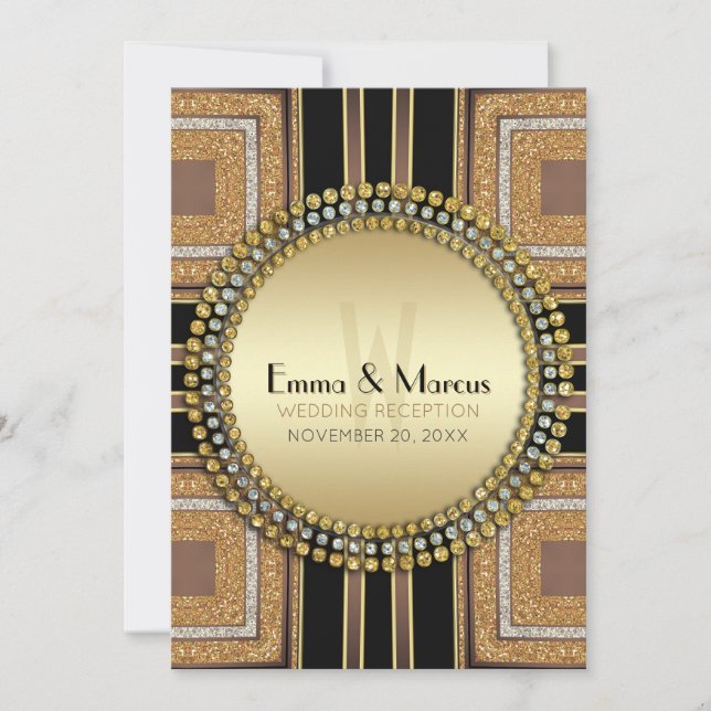 Squazi Art Deco Guld Black Wedement Reception Inbjudningar (Framsida)