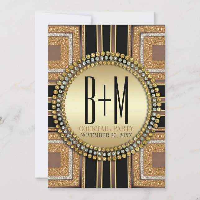Squazi ArtDeco Guld Svart Cocktailparty Inbjudningar (Framsida)