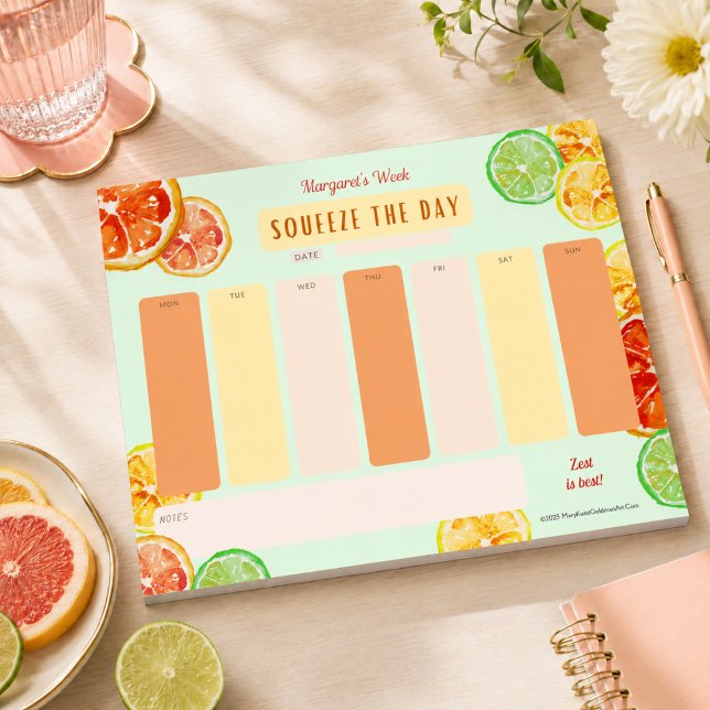 Squeeze The Day Citrus Motivation Veckoplanering Anteckningsblock (This citrus week-at-a-glance notepad challenges you to Squeeze the Day!)