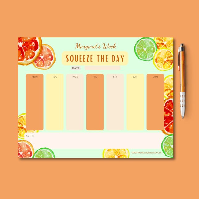 Squeeze The Day Citrus Motivation Veckoplanering Anteckningsblock (This citrus week-at-a-glance notepad has a zesty palette of orange, lime green, and lemon yellow.)