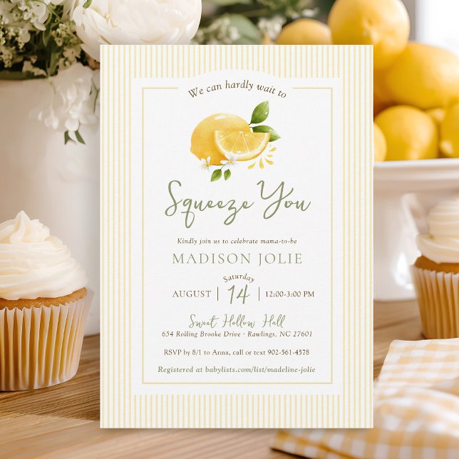 Squeeze You Moderna Citroner Neutrala Bebisens Ank Inbjudningar (Cute Squeeze You modern simple watercolor lemon yellow stripes gender neutral baby shower invitation)