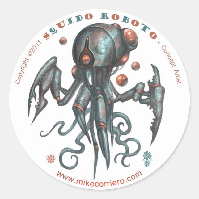 Squidobot-O Sticker Runt Klistermärke (Framsida)