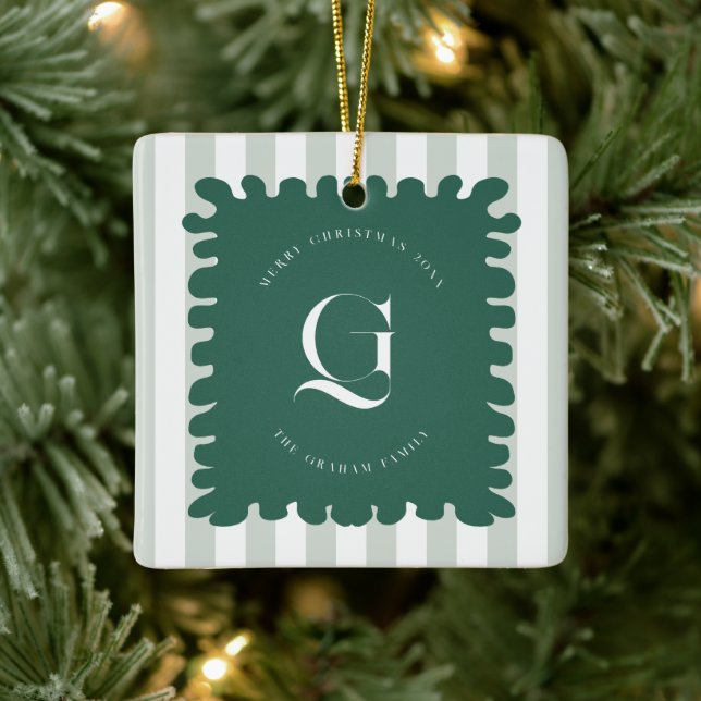 Squiggle Frame & Stripes Monogram Christmas Photo Julgransprydnad Keramik (Träd)