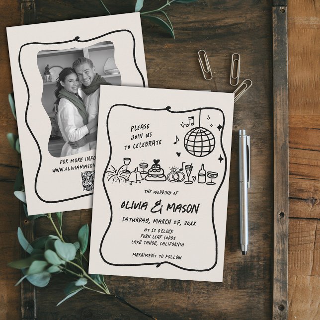 Squiggle Hand-Drawn Modern Doodle Unik Bröllop Inbjudningar (hand drawn wedding invitation doodle illustration squiggle wavy frame modern funky unique ecru)