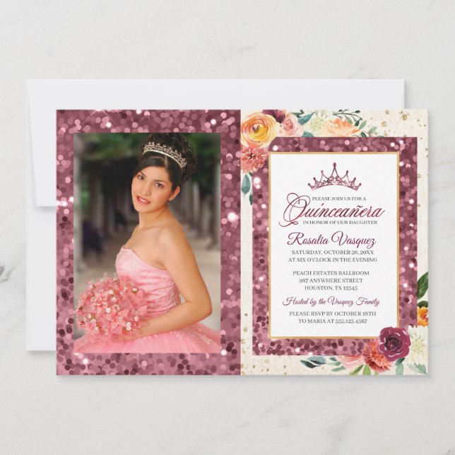 Squin Quinceanera-inbjudan för Blommigt till höger Inbjudningar (Framsida)