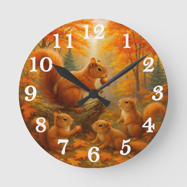 Squirrel And Child Rustic Autumn Forest Clock Rund Klocka (Framsida)