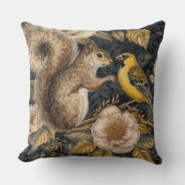 Squirrel and Yellow Canary with Flowers Pattern Kudde (Framsida)