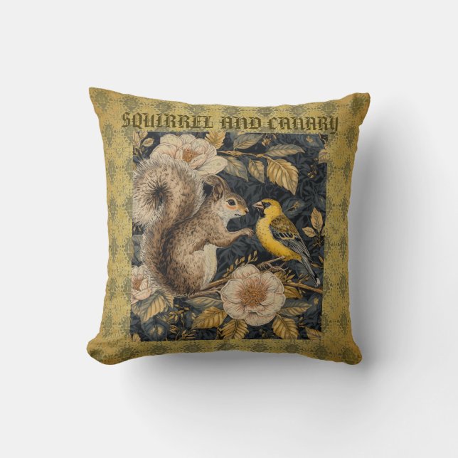 Squirrel and Yellow Canary with Flowers Pattern Kudde (Framsida)