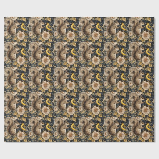 Squirrel and Yellow Canary with Flowers Pattern Presentpapper (Platt)