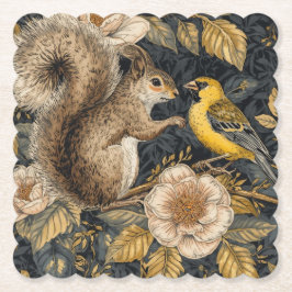 Squirrel and Yellow Canary with Flowers Pattern Underlägg Papper
