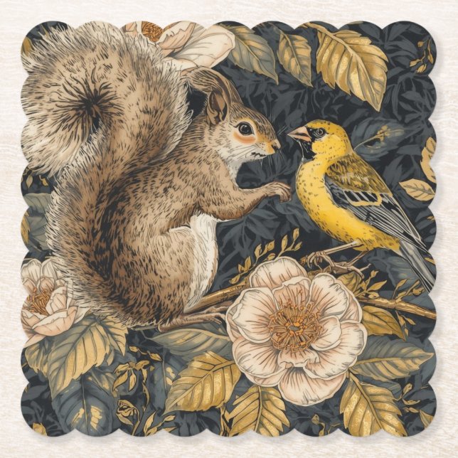 Squirrel and Yellow Canary with Flowers Pattern Underlägg Papper (Framsida)