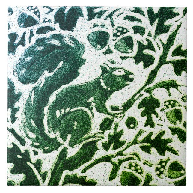 Squirrel Batik Modern Grönt Blue Blommigt Woodland Kakelplatta (Framsidan)