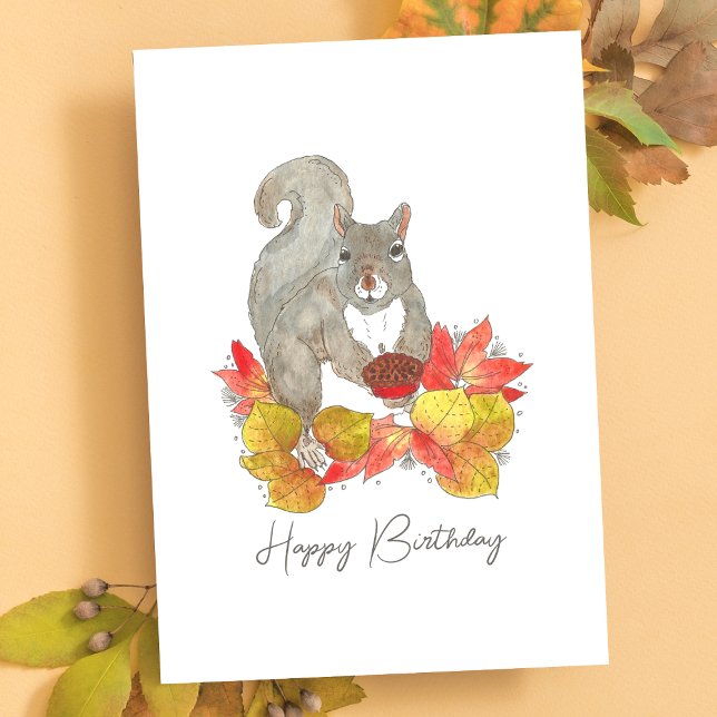 Squirrel Birthday Paj Kort (Cute Autumn Squirrel Watercolor Birthday Card)
