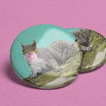 Squirrel Blowing a Bubblegum Bubble Animal Photo Knapp<br><div class="desc">Add some fun to your outfit with this quirky,  but cute button. The photo collage depicts a gray squirrel on the side of a mossy tree blowing a bubble with some pink bubblegum.</div>