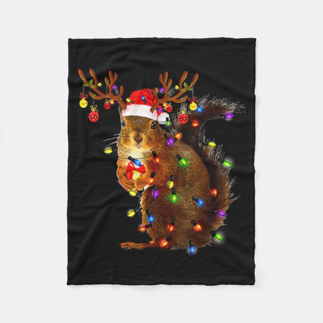 Squirrel Christmas Tree Lights Reindeer Santa Hat  Fleecefilt (Framsidan)