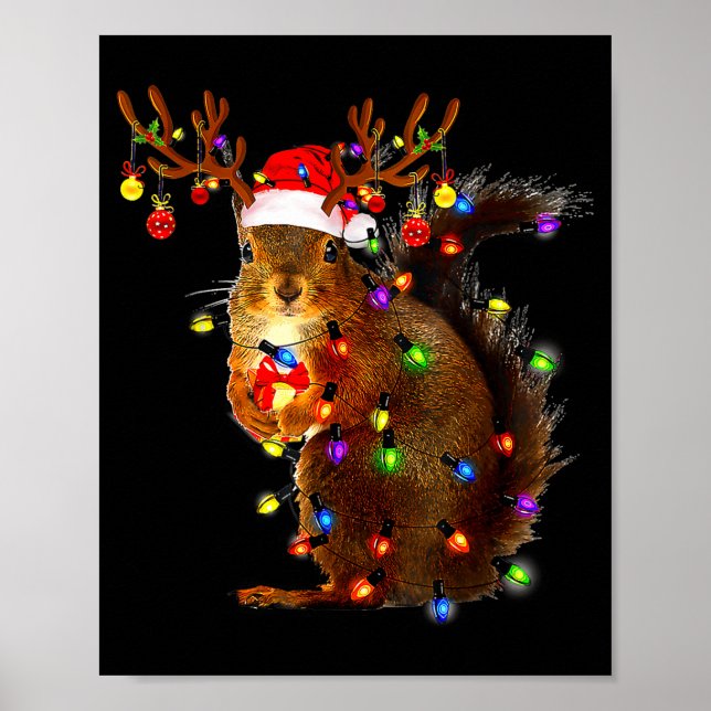 Squirrel Christmas Tree Lights Reindeer Santa Hat  Poster (Framsidan)