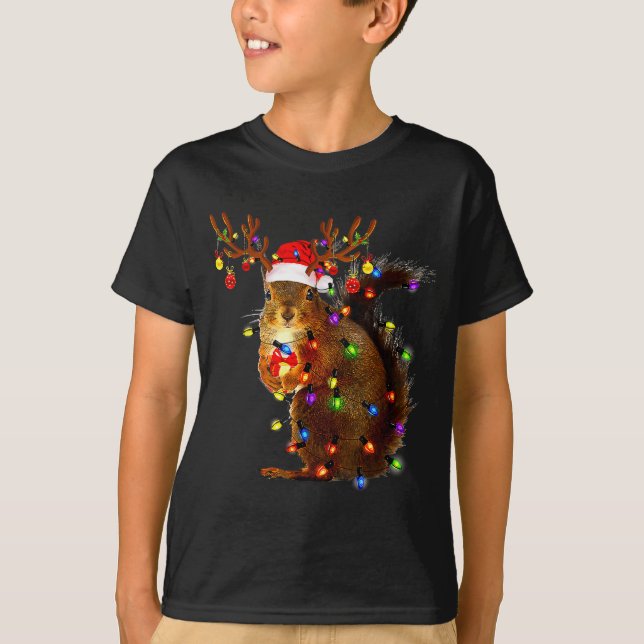 Squirrel Christmas Tree Lights Reindeer Santa Hat  T Shirt (Framsida)