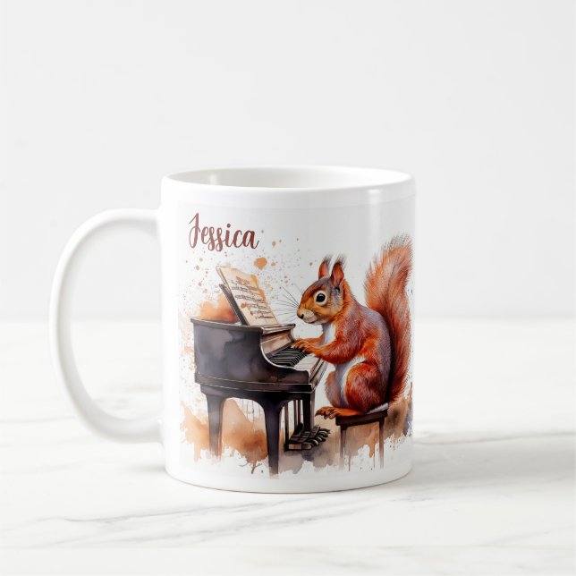 Squirrel Cute Animal and Piano Personlig Namn Kaffemugg (Vänster)