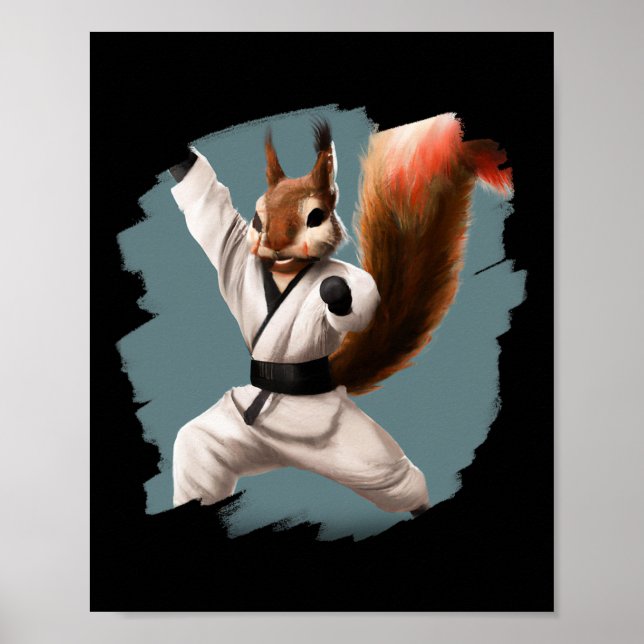 Squirrel Doing Karate Kick Black Belt Martial Arts Poster (Framsidan)