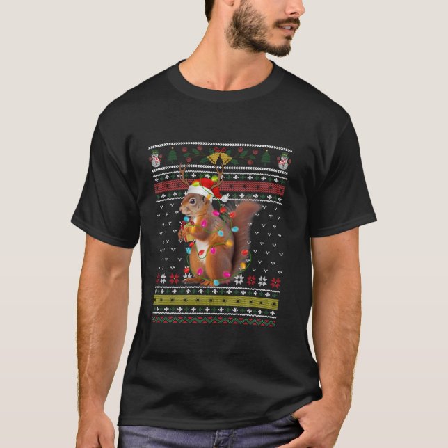 Squirrel Funny Ugly Santa Hat Snöflingor T Shirt (Framsida)
