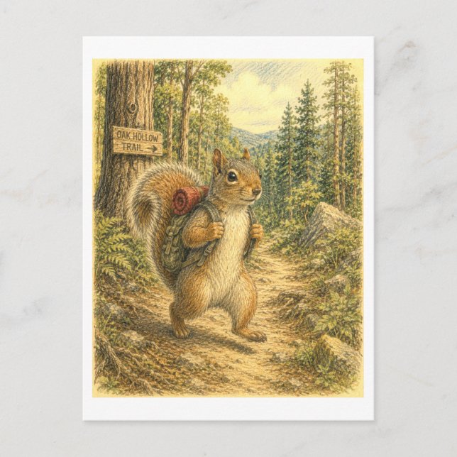 Squirrel Hiking Illustration Vykort (Framsida)