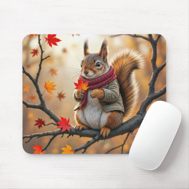 Squirrel Holding an Autumn Maple Löv Musmatta (Med mus)