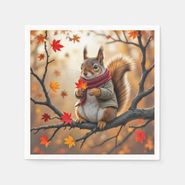 Squirrel Holding an Autumn Maple Löv Pappersservett (Framsidan)