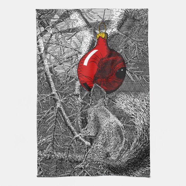 Squirrel in Christmas Tree Kökshandduk (Vertikal)