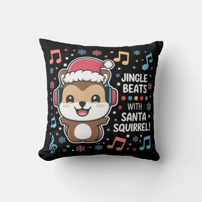 Squirrel in Headphones and Santa Hat - Jingle Beat Kudde (Framsida)