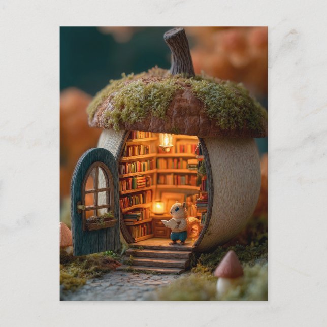 Squirrel Library Inside a Mossy Acorn House Vykort (Framsida)