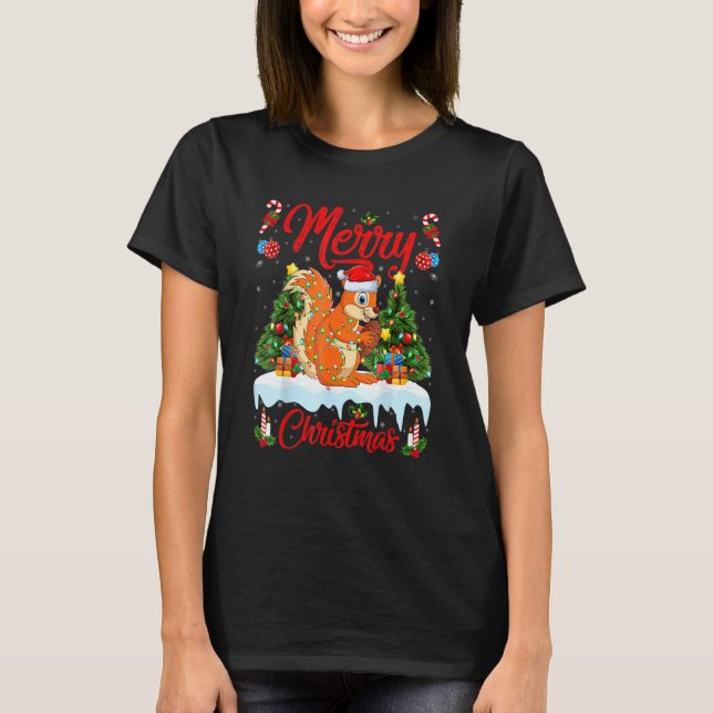Squirrel Lights Xmas Tree Santa Squirrel Christmas T Shirt (Framsida)