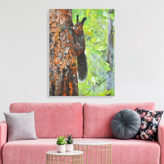 Squirrel on Pine Tree – Realistic Oil Painting Canvastryck (Insitu (Vardagsrum))