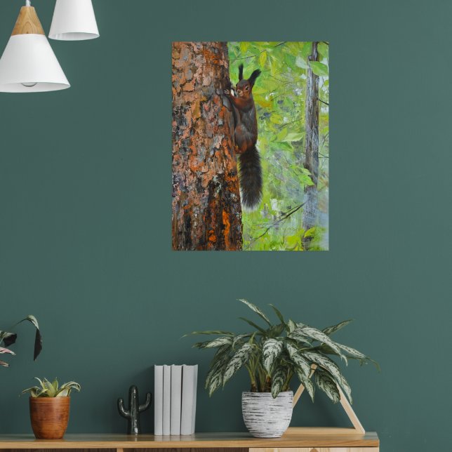 Squirrel on Pine Tree – Realistic Oil Painting Poster (Vardagsrum 1)