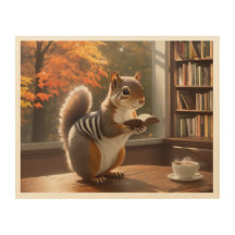 Squirrel Reading Bok with Steaming kopp of kaffe
