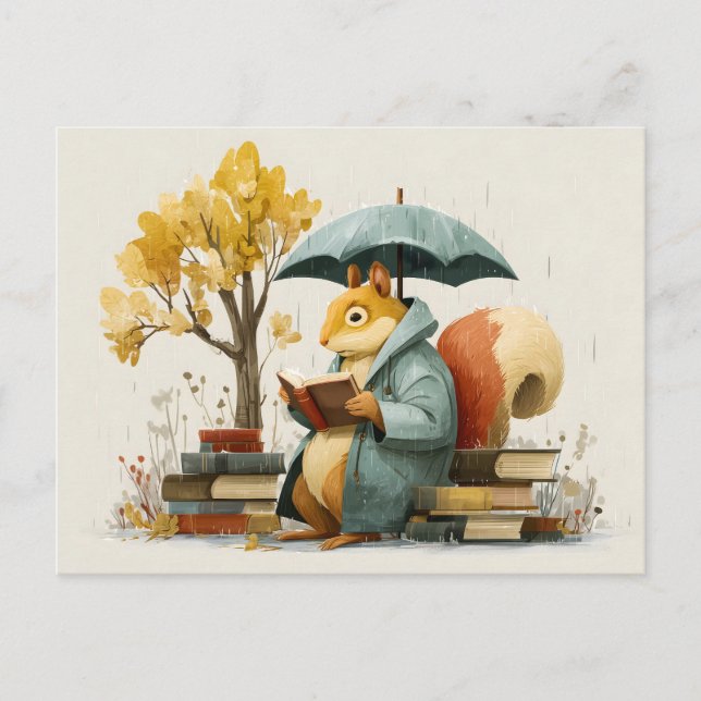 Squirrel Reading Books Under an Umbrella  Vykort (Framsida)