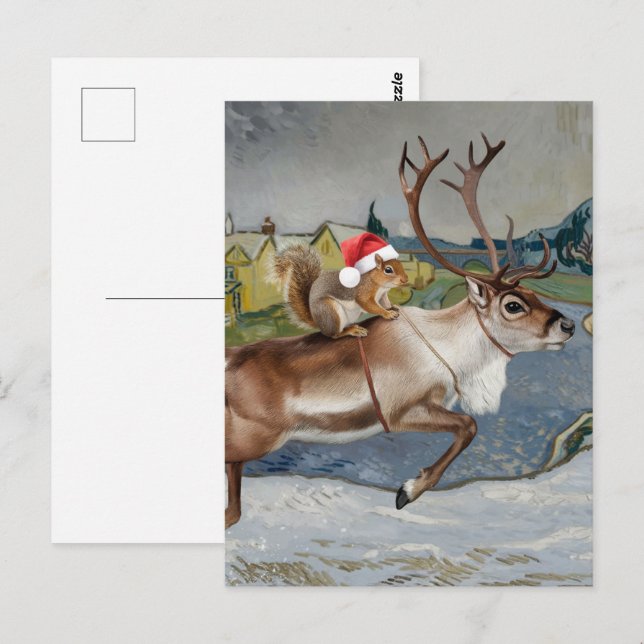 Squirrel Santa och bedårande renar jul Vykort (Fram/baksida)