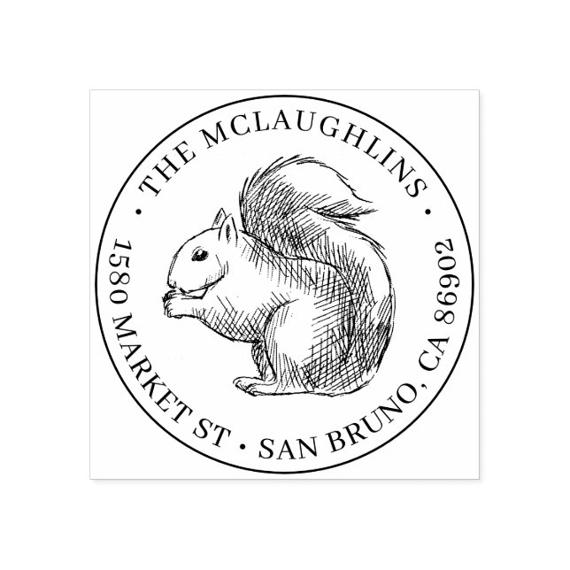 Squirrel Sketch | Runda familjens Namn Returadress Stämpel (Tryck)