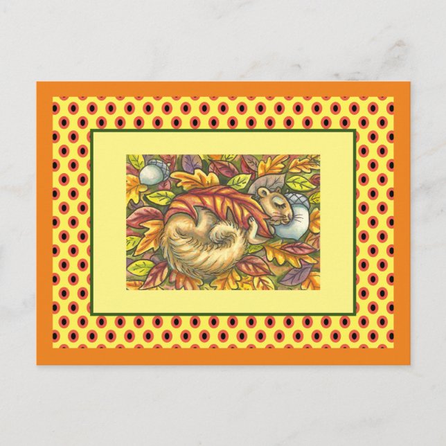 SQUIRREL SLEEPING UNDER HÖST LÖV, SÄSONG VYKORT (Framsida)