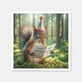 Squirrel som innehar ett födelsedagskort pappersservett