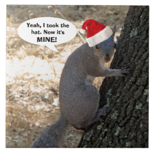 Squirrel Steals Santa Hat Ceramic Tile Kakelplatta