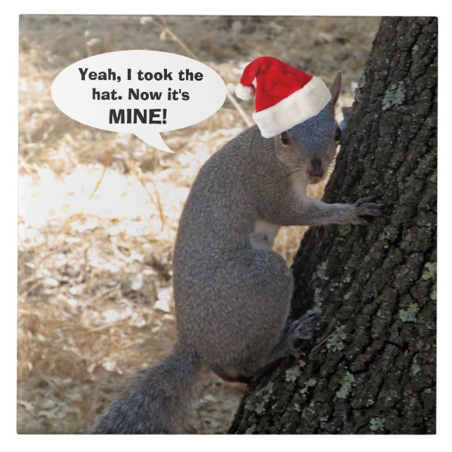 Squirrel Steals Santa Hat Ceramic Tile Kakelplatta (Framsidan)
