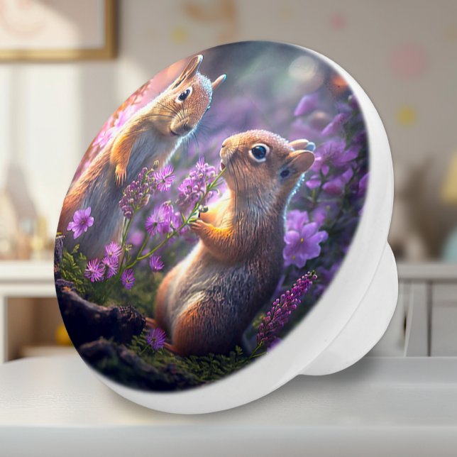 Squirrel Talk - Kids Fantasy Knopp (Ceramic Knob - Squirrels with Purple Flowers - Decor Accent for Kids Room)