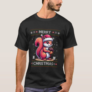Squirrel Ugly Nöt Snöflingor Santa Hat Träd Merry T Shirt