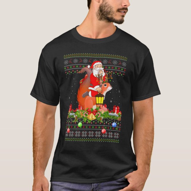 Squirrel   Ugly Santa Riding Squirrel Christmas T Shirt (Framsida)