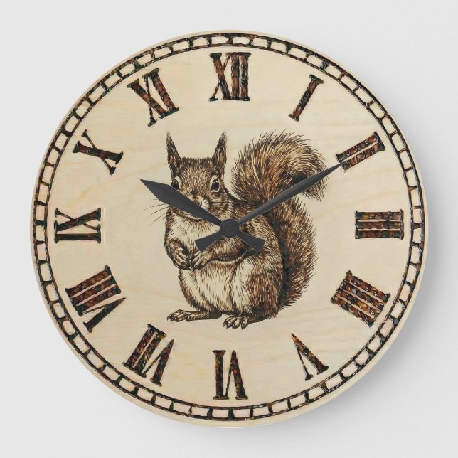 Squirrel Wall Clock _ Wood-Burned style  Stor Klocka (Framsida)