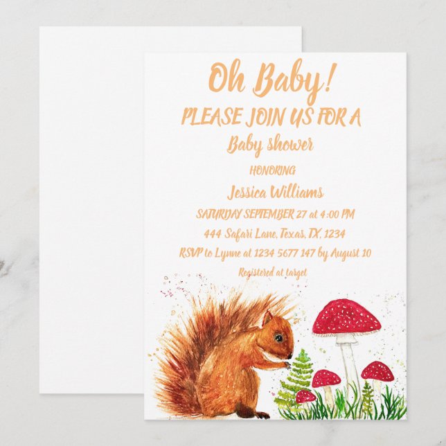 Squirrel Watercolor Flicka Boy Mushroom Red Inbjudningar (Fram/baksida)